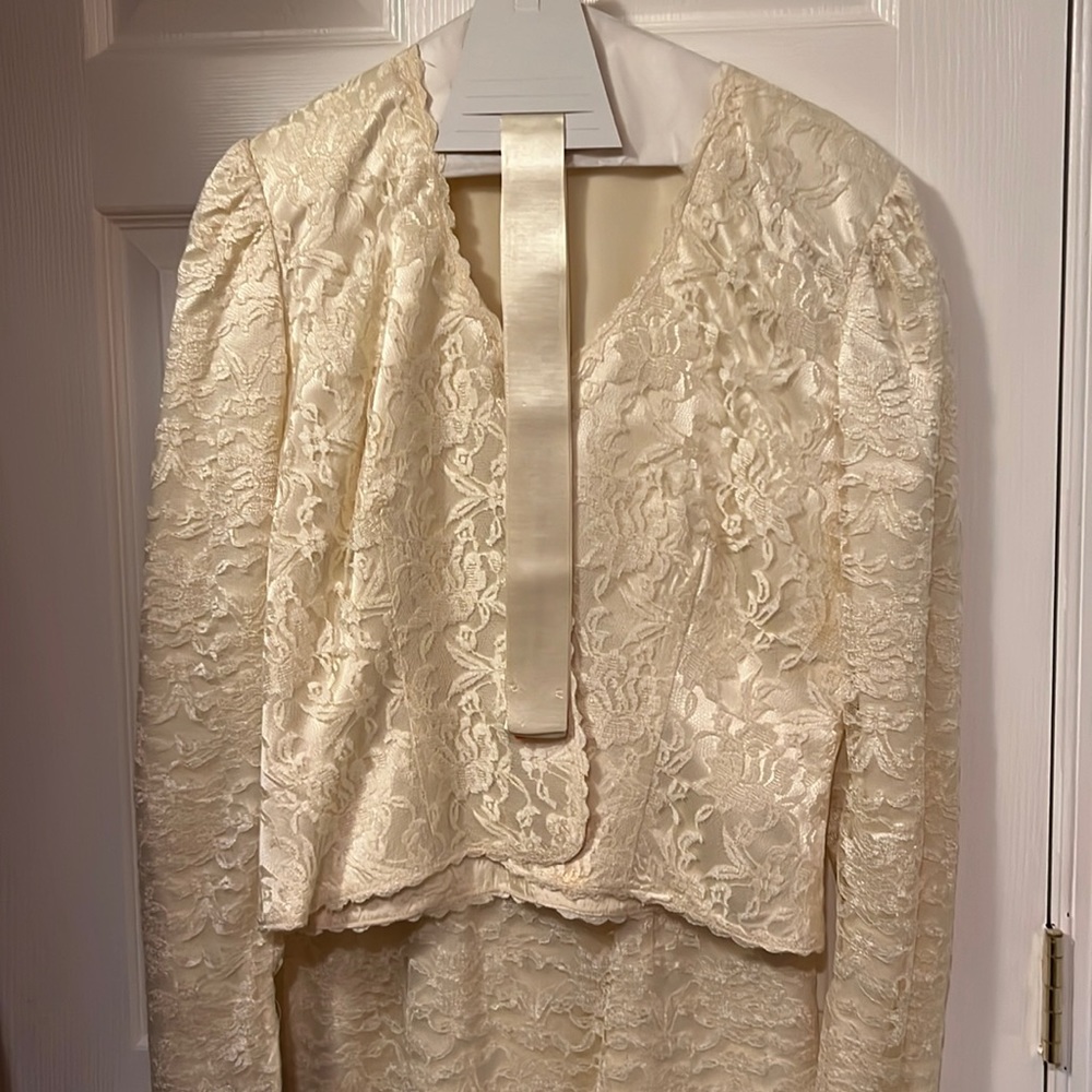 Two piece wedding dress with short jacket, lace and satin, thin straps